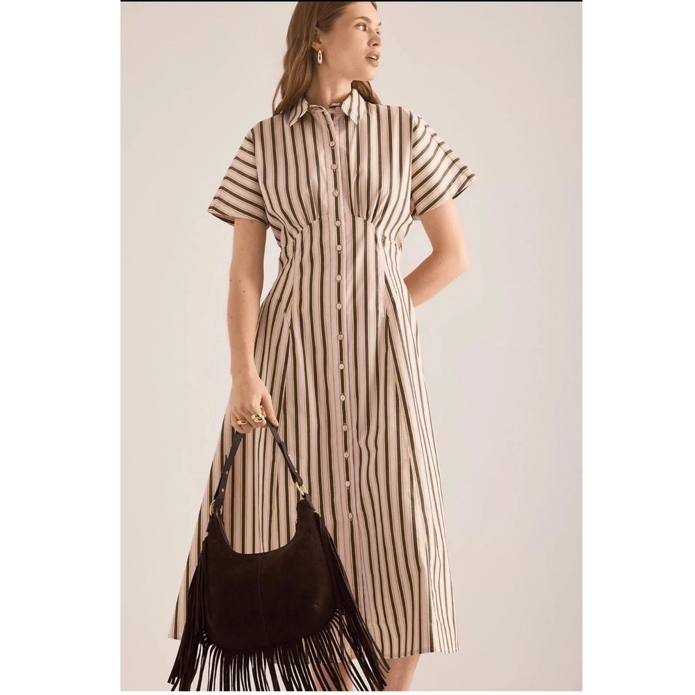 Exquise Anthropologie Striped Structured Midi Shirtdress Pink Brown XL
